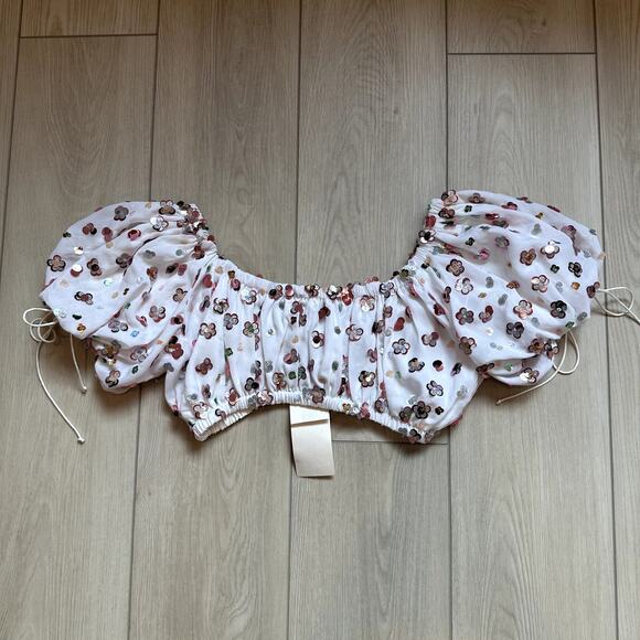 NWT For Love & Lemons Cold Hearted sequin puff sleeve tie crop top - Picture 3 of 4